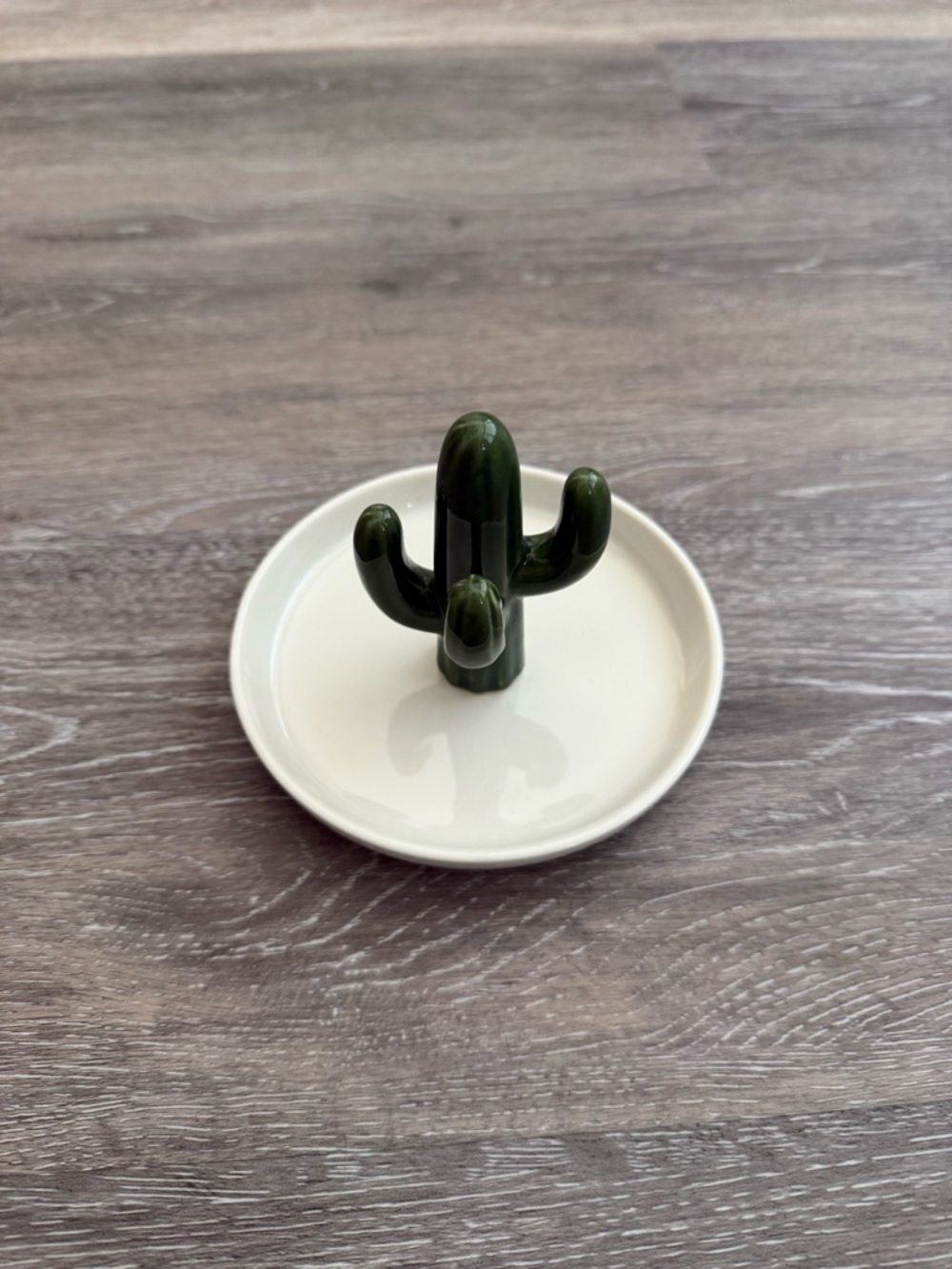 SHEIN White Ceramic Cactus Jewelry Dish with Dark Green Cactus